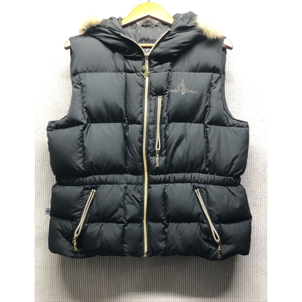 Baby Phat Down Puffer Vest Women XL Black Faux Fur Hood Y2K Hip Hop Streetwear